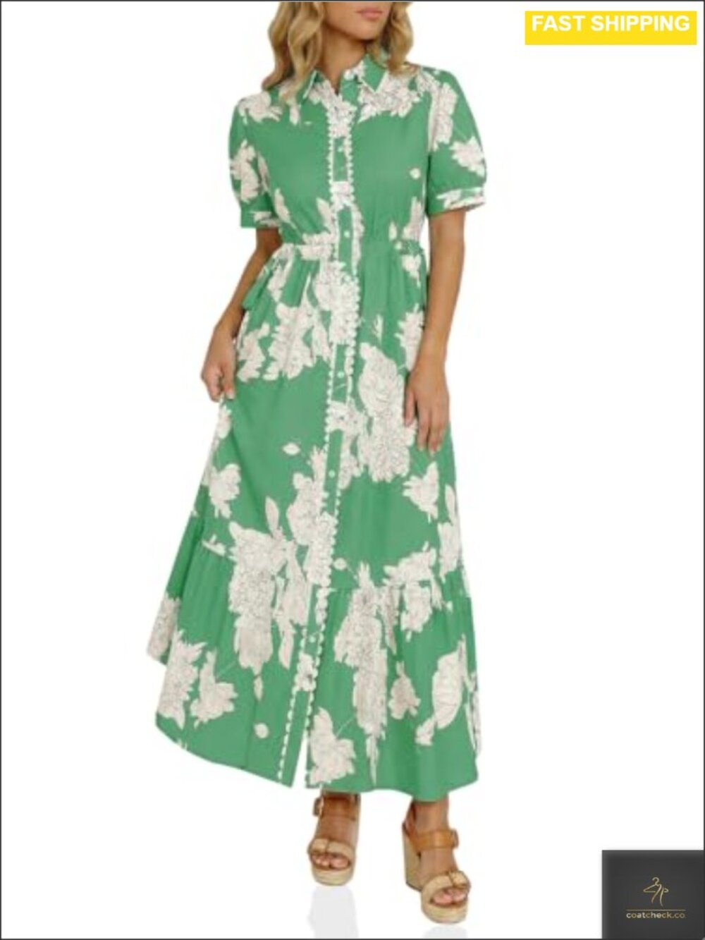 Womens Maxi Shirt Dress Floral Short Sleeve Button Front Drawstring Waist